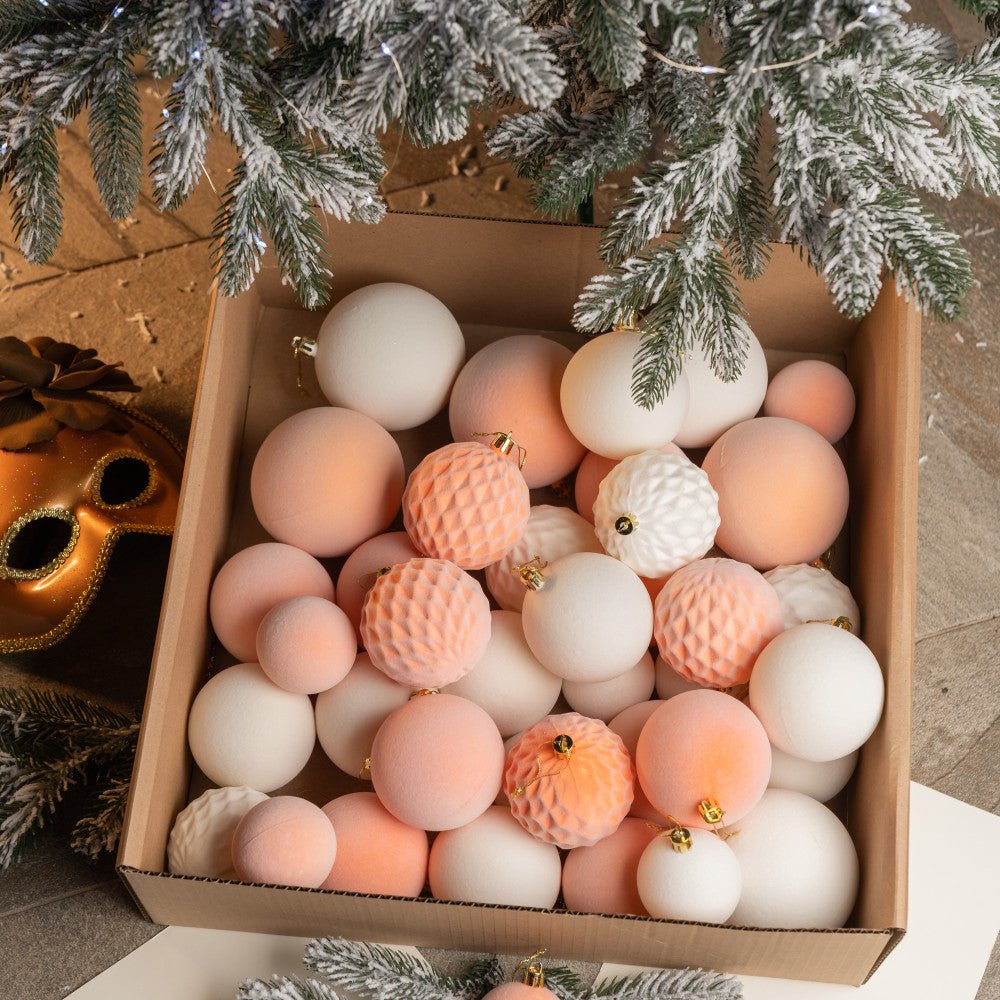 Новорічні кулі 40 шт Мікс Бархат Персиковий Білий Набір новорічних куль