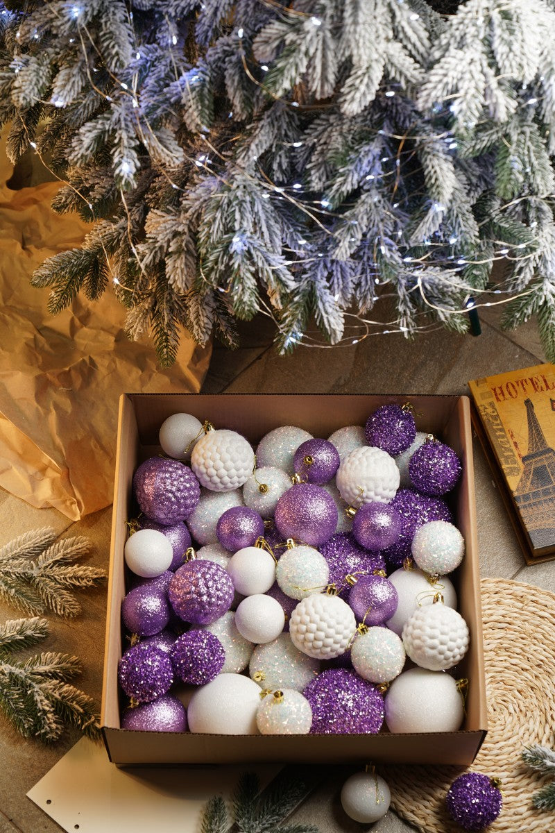 Новорічні кулі 40 шт Мікс Блиск Фіолетовий Білий Набір новорічних куль