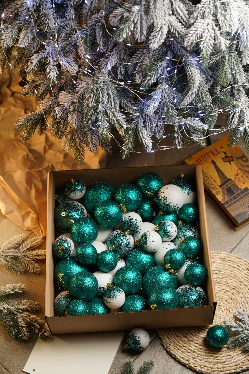 Новорічні кулі 40 шт Мікс Бите Скло Смарагдовий Білий Набір новорічних куль