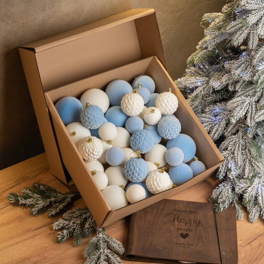 Новорічні кулі 40 шт Мікс Бархат Блакитний Білий Набір новорічних куль