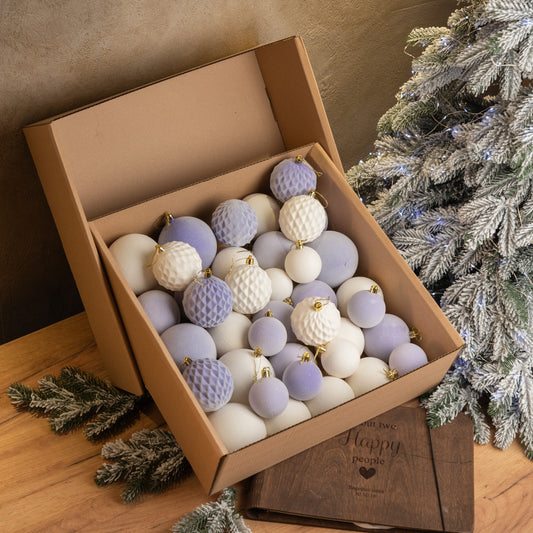 Новорічні кулі 40 шт Мікс Бархат Фіолетовий Білий Набір новорічних куль
