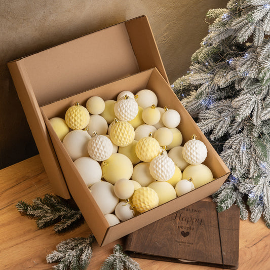 Новорічні кулі 40 шт Мікс Бархат Жовтий Білий Набір новорічних куль