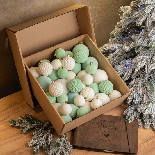 Новорічні кулі 40 шт Мікс Бархат М'ятний Білий Набір новорічних куль