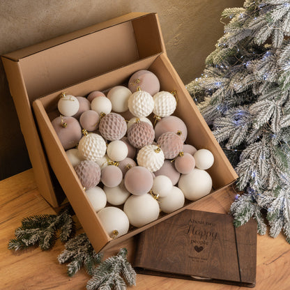 Новорічні кулі 40 шт Мікс Бархат Нюд Бежевий Білий Набір новорічних куль