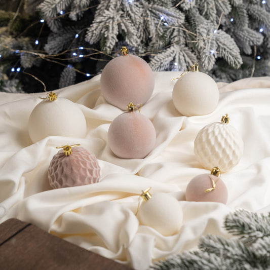 Новорічні кулі 40 шт Мікс Бархат Нюд Бежевий Білий Набір новорічних куль