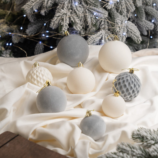 Новорічні кулі 40 шт Мікс Бархат Нюд Сірий Білий Набір новорічних куль