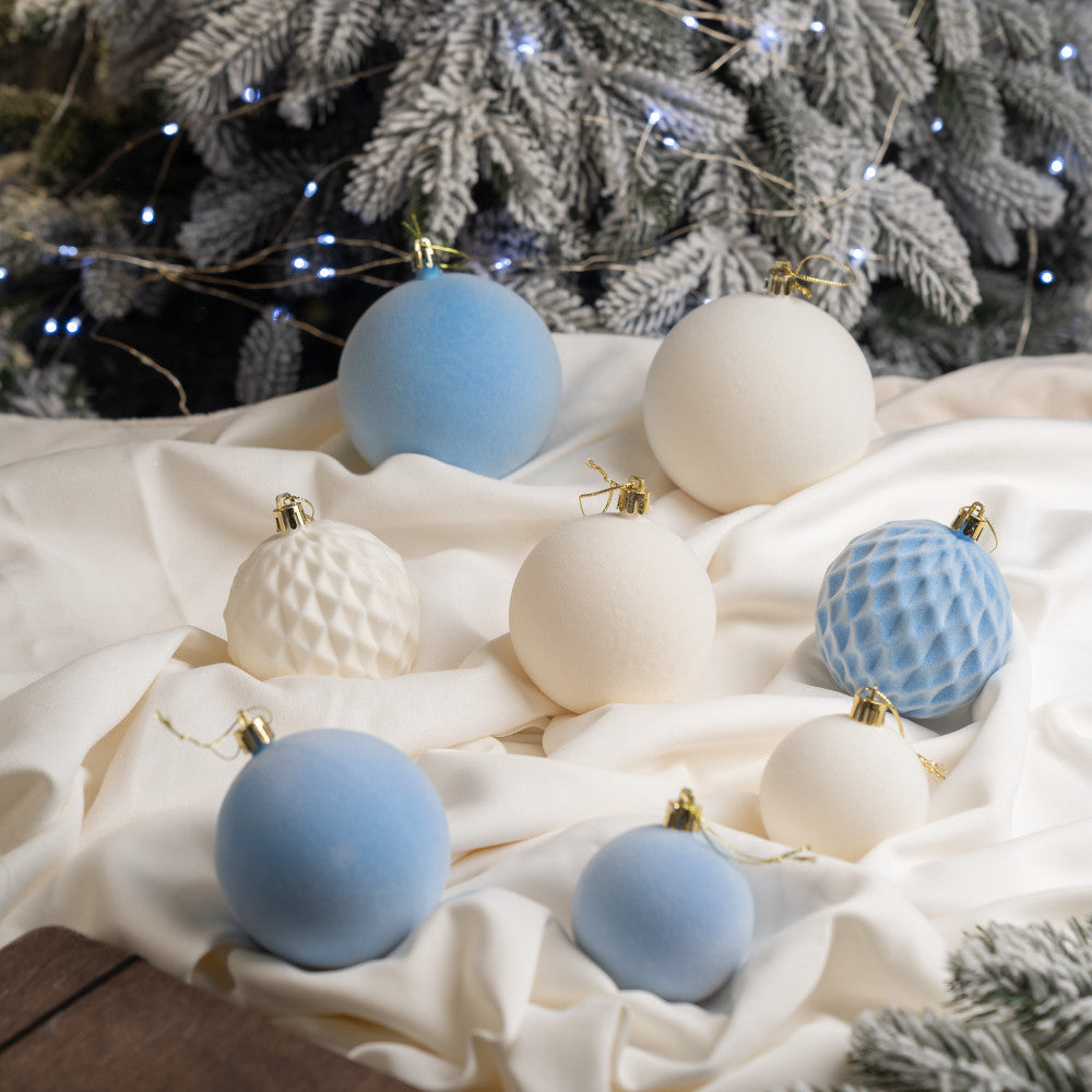 Новорічні кулі 40 шт Мікс Бархат Блакитний Білий Набір новорічних куль