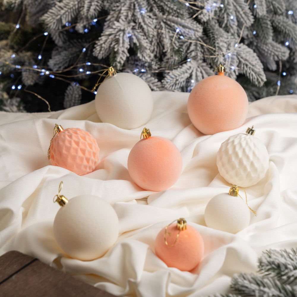 Новорічні кулі 40 шт Мікс Бархат Персиковий Білий Набір новорічних куль