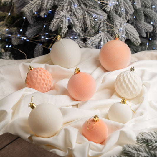 Новорічні кулі 40 шт Мікс Бархат Персиковий Білий Набір новорічних куль