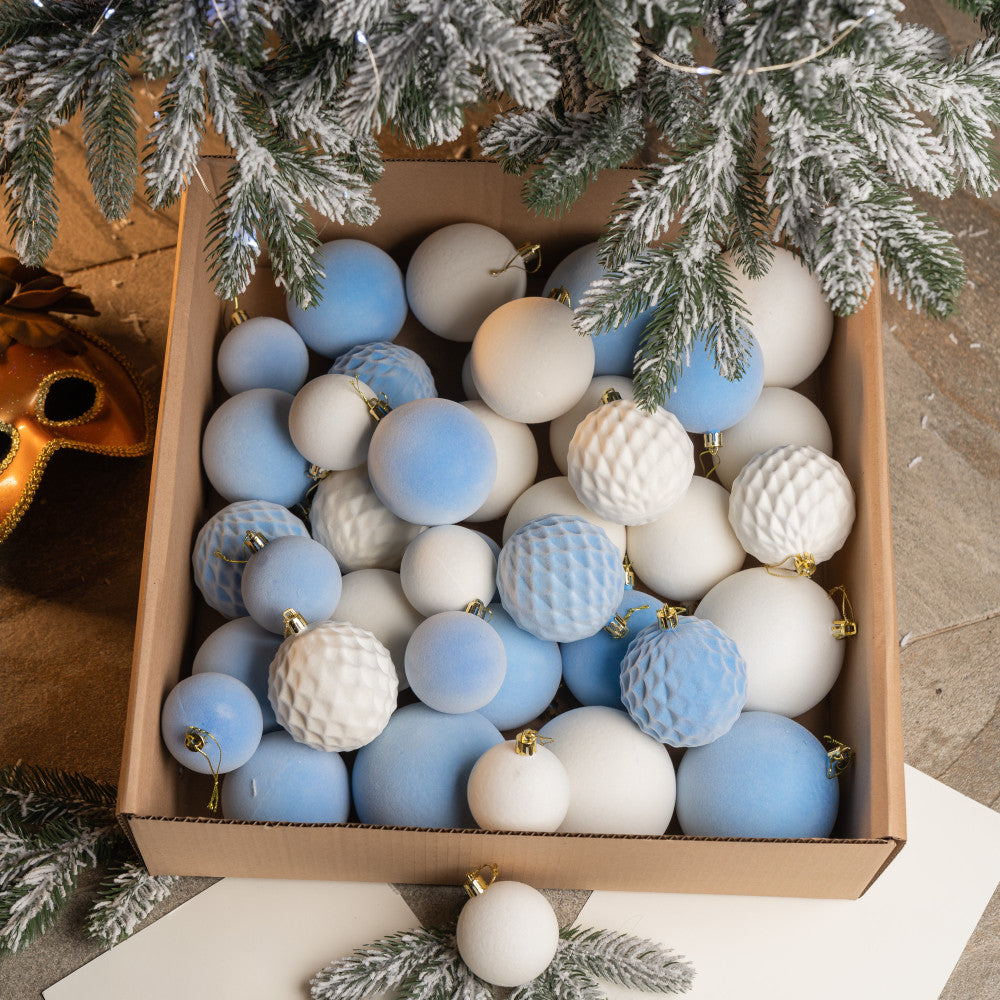 Новорічні кулі 40 шт Мікс Бархат Блакитний Білий Набір новорічних куль