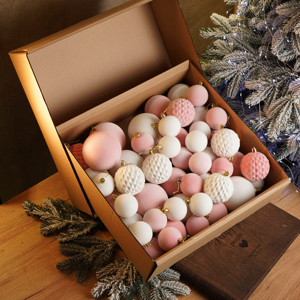 Новорічні кулі 40 шт Мікс Бархат Рожевий Білий Набір новорічних куль