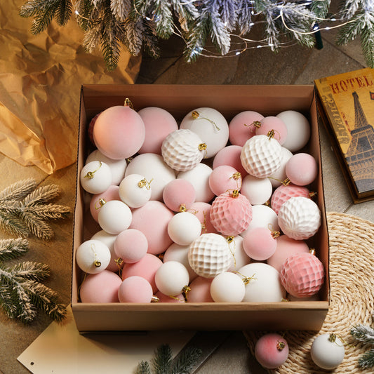Новорічні кулі 40 шт Мікс Бархат Рожевий Білий Набір новорічних куль