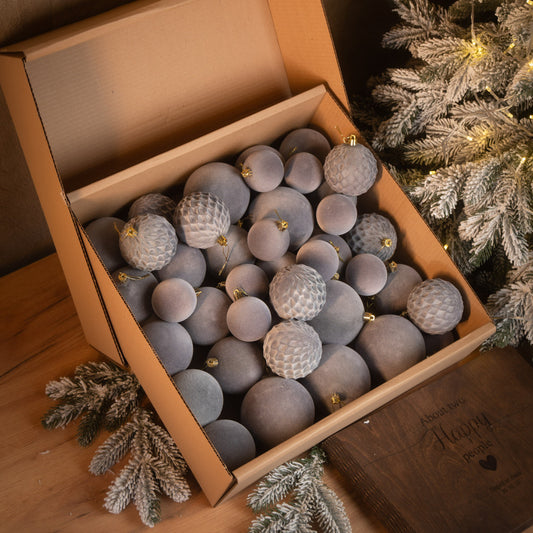 Новорічні кулі 40 шт Мікс Бархат Сірий Набір новорічних куль
