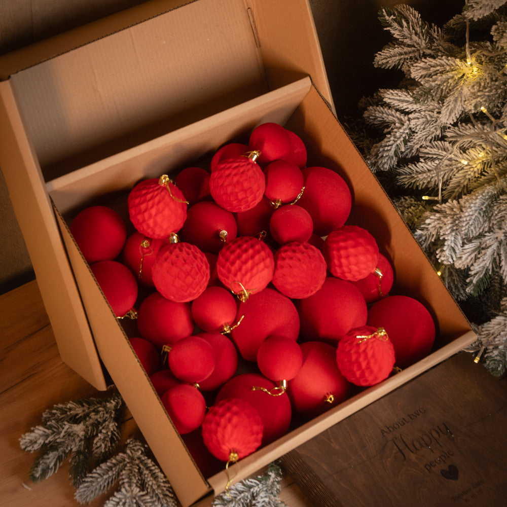 Новорічні кулі 40 шт Мікс Бархат Червоний Набір новорічних куль