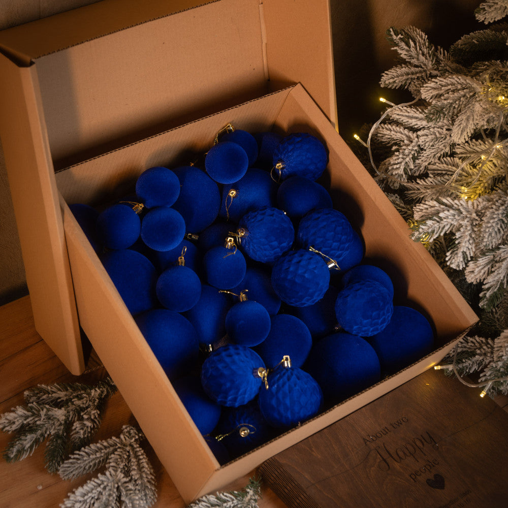 Новорічні кулі 40 шт Мікс Бархат Синій Набір новорічних куль