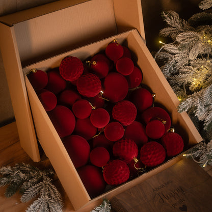 Новорічні кулі 40 шт Мікс Бархат Бордовий Набір новорічних куль