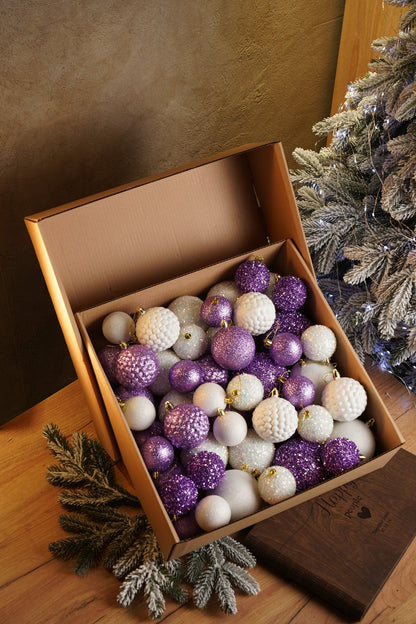 Новорічні кулі 40 шт Мікс Блиск Фіолетовий Білий Набір новорічних куль