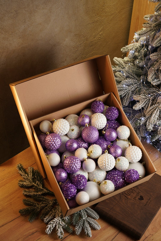 Новорічні кулі 40 шт Мікс Блиск Фіолетовий Білий Набір новорічних куль