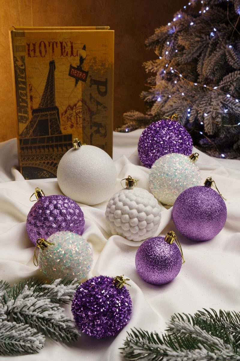 Новорічні кулі 40 шт Мікс Блиск Фіолетовий Білий Набір новорічних куль