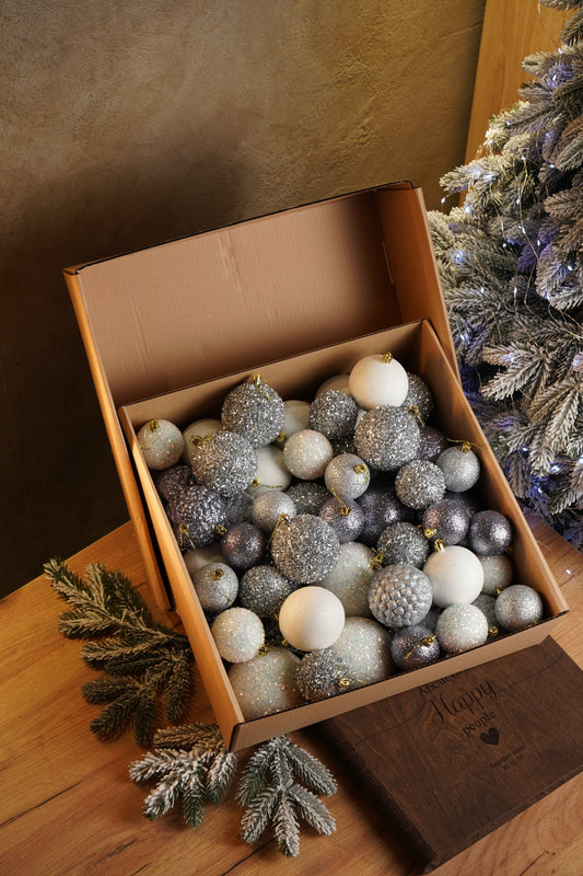 Новорічні кулі 40 шт Мікс Блиск Срібний Білий Набір новорічних куль