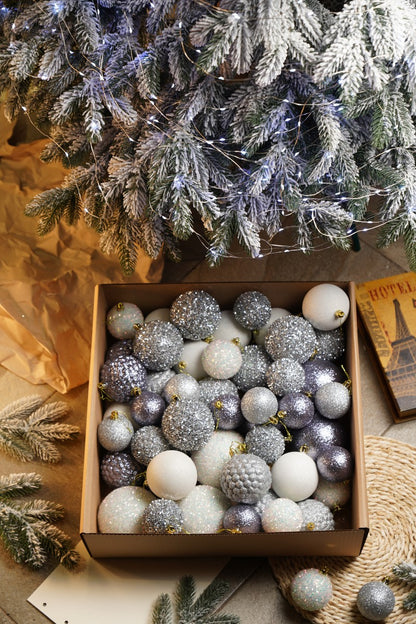 Новорічні кулі 40 шт Мікс Блиск Срібний Білий Набір новорічних куль