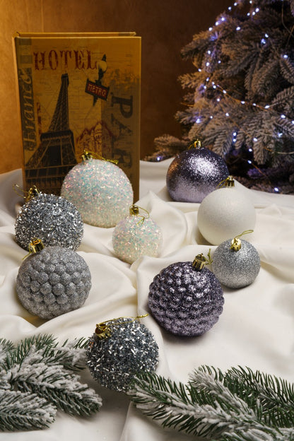 Новорічні кулі 40 шт Мікс Блиск Срібний Білий Набір новорічних куль