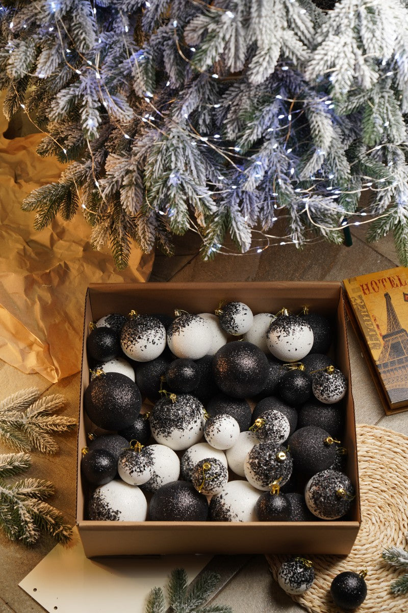 Новорічні кулі 40 шт Мікс Бите Скло Чорний Білий Набір новорічних куль