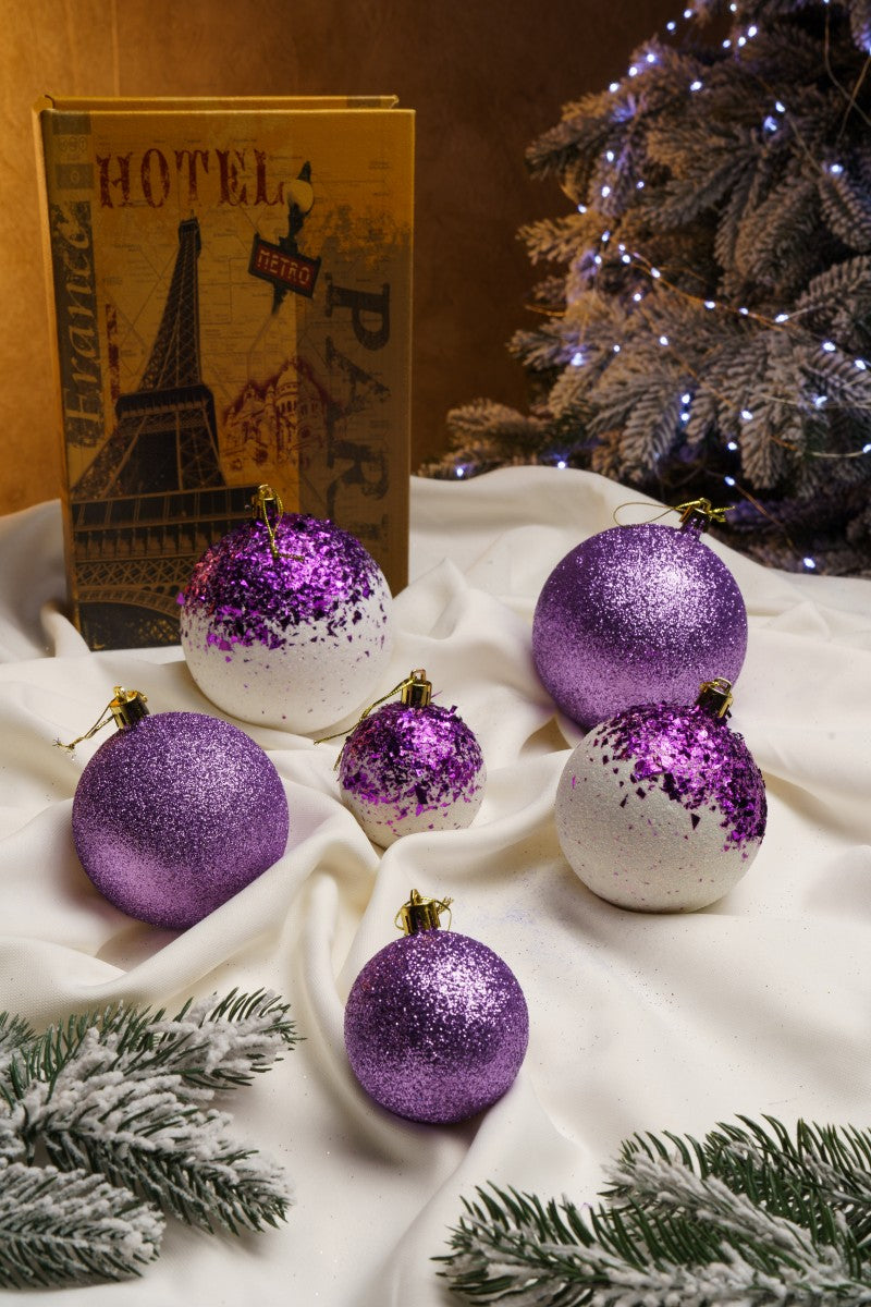 Новорічні кулі 40 шт Мікс Бите Скло Фіолетовий Білий Набір новорічних куль