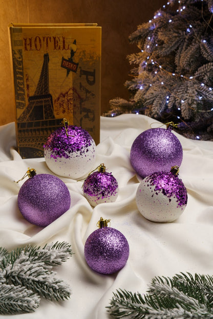Новорічні кулі 40 шт Мікс Бите Скло Фіолетовий Білий Набір новорічних куль