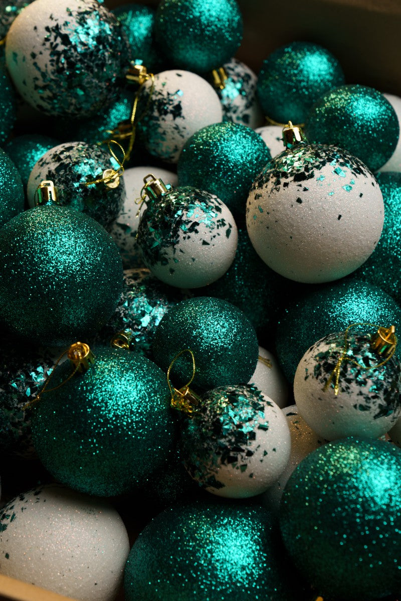 Новорічні кулі 40 шт Мікс Бите Скло Смарагдовий Білий Набір новорічних куль