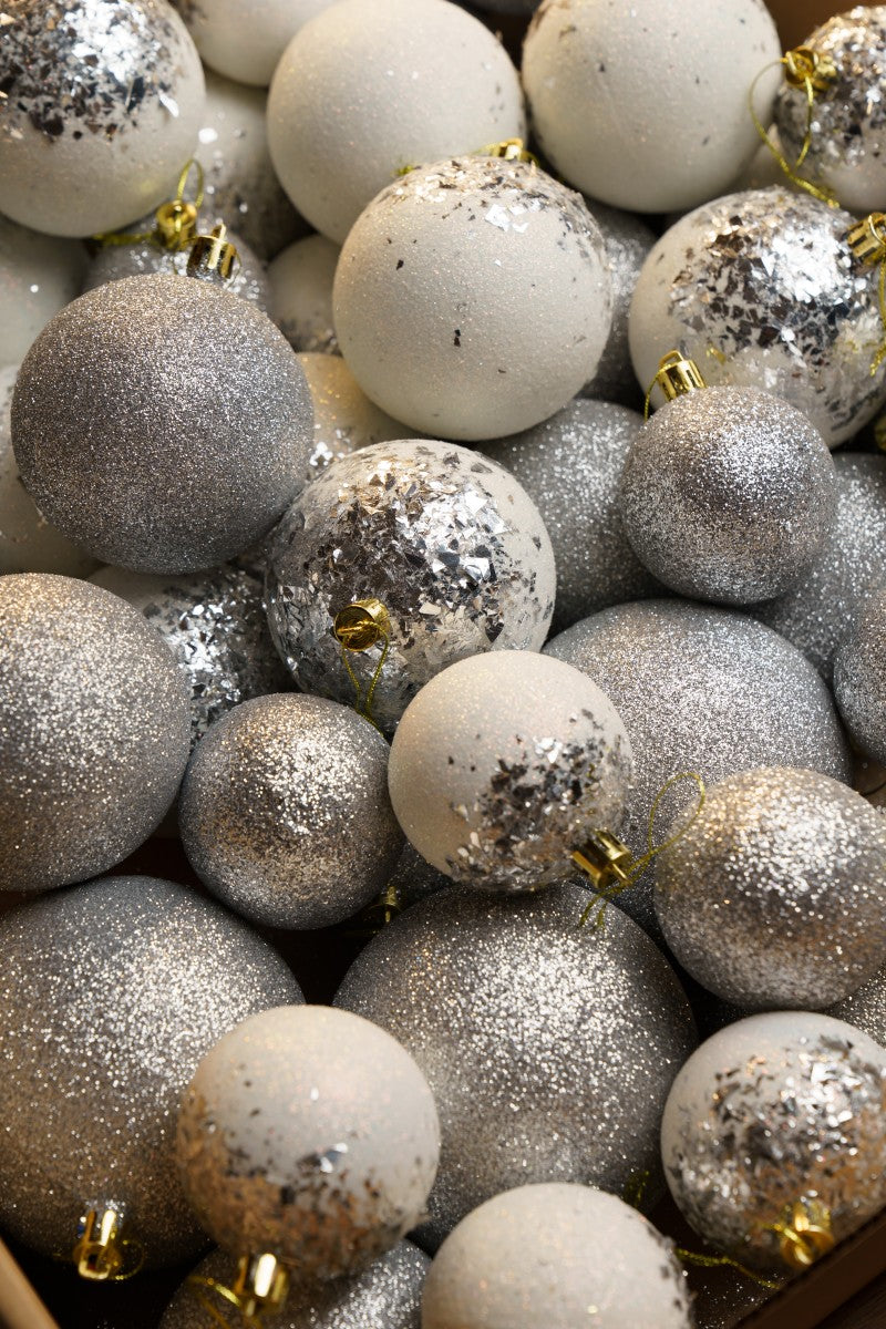 Новорічні кулі 40 шт Мікс Бите Скло Срібний Білий Набір новорічних куль