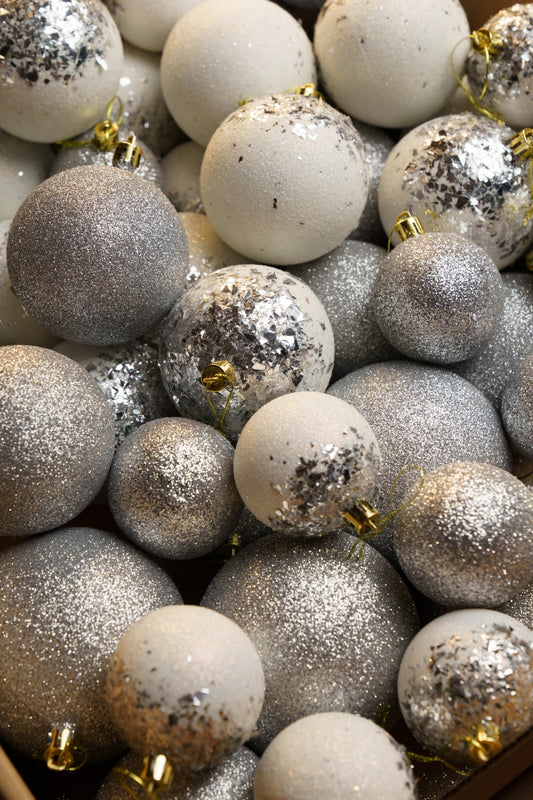 Новорічні кулі 40 шт Мікс Бите Скло Срібний Білий Набір новорічних куль
