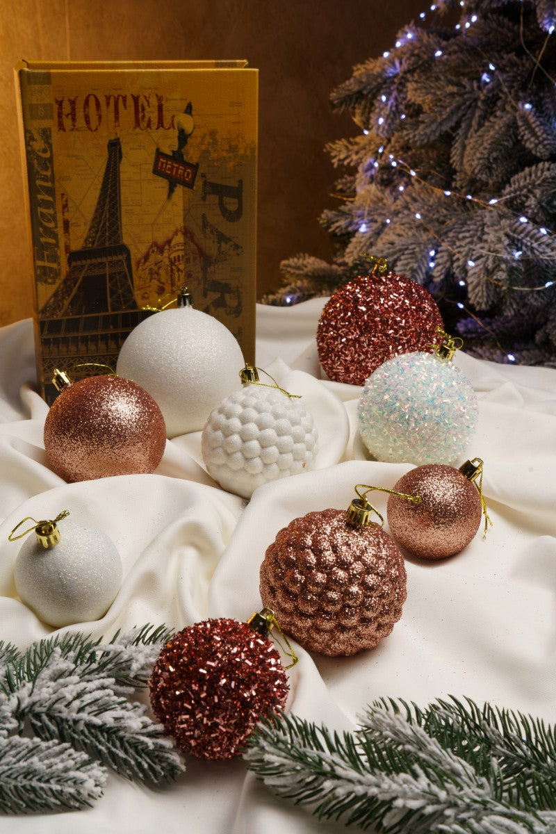 Новорічні кулі 40 шт Мікс Блиск Рожевий Білий Набір новорічних куль